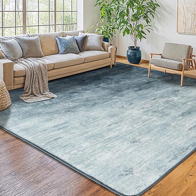 5x7 Washable Area Rug, Blue Solid Area Rugs for Living Room & Bedroom | Stain-resistant & Non-slip backing,Low Pile Washable Large Carpet, Solid Vintage Style For High Traffic Areas(5x7,Blue)