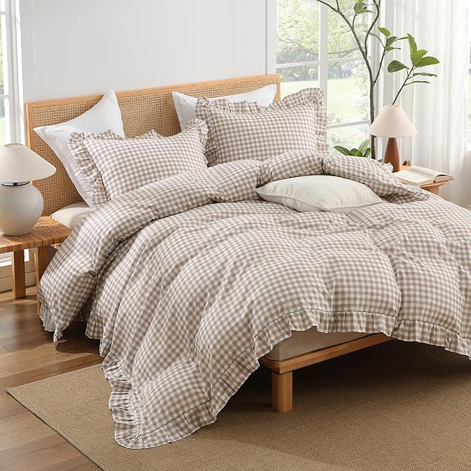 Andency Tan Gingham Duvet Cover Full, Ruffle Shabby Chic Bedding Set 3 Pcs | Farmhouse Soft Pre-Washed Polyester Comforter Cover with Zipper Closure & Corner Ties, 79x90Inch