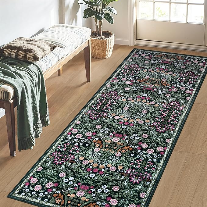 PLHXFR 2x6 Washable Runner Rug：Floral Indoor Kitchen Carpet Dark Green | For Hallway Bedroom Kitchen Laundry Bathroom Dorm,Vintage Floral,Machine washable,Non Slip,Stain Resistant,Indoor Floor
