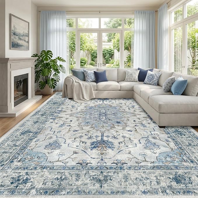 RELEANY Washable Area Rug, Large 10'x12', Blue/White/Gray | Non-Slip, Water Repellent, Pet Friendly, Easy to Clean, Vintage Floral Boho Decor for Living Room Bedroom Dining Room
