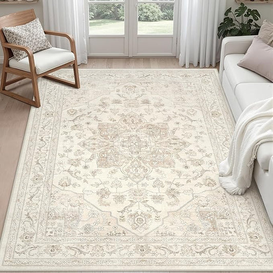 6x9 Area Rugs Living Room: Bedroom Washable Carpet Beige White | Vintage Boho Soft Small Indoor Decor Floor Non-Slip Low Pile Neutral Farmhouse Entryway Laundry Bathroom Bedroom Beside Rugs