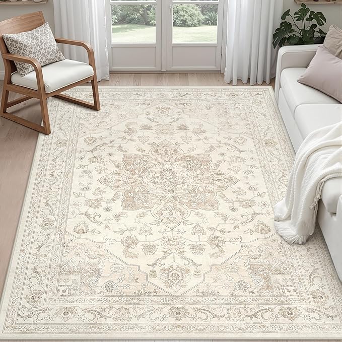 5x7 Area Rugs Living Room: Bedroom Washable Carpet Beige White | Vintage Boho Soft Small Indoor Decor Floor Non-Slip Low Pile Neutral Farmhouse Entryway Laundry Bathroom Bedroom Beside Rugs