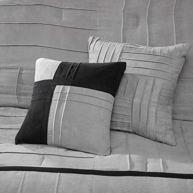 Madison Park Casual Blocks Suede Comforter Set, 7PC Queen Bedding Set | All Season, with Comforter, Bed Skirt, Decorative Pillows, Shams, Black Grey, Grey