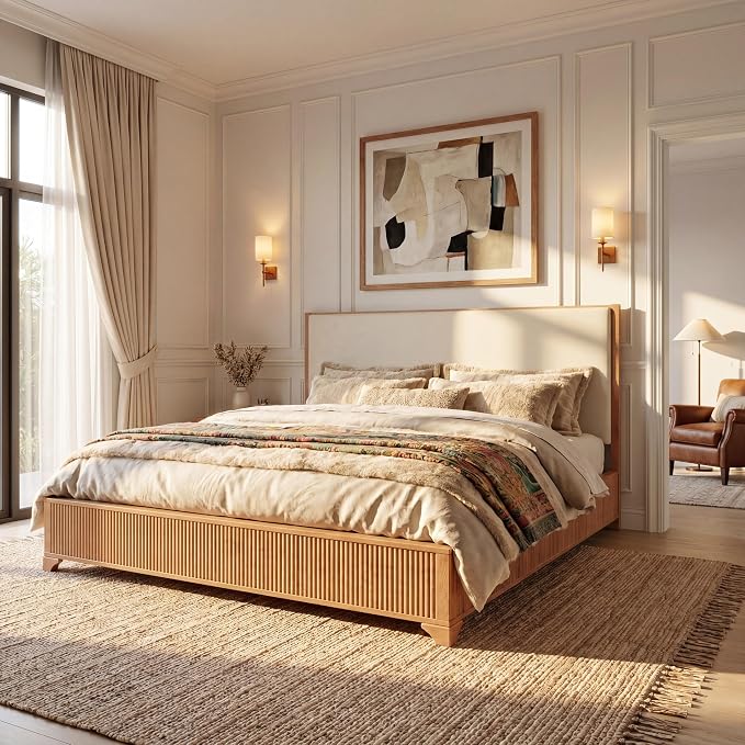 Christopher Knight Home Jill Modern Queen Bed Frame with Headboard, Bed Frame Queen with Upholstered Headboard, Wooden Queen Platform Bed Frame with Slat Supports, No Box Spring Needed, Natural+White
