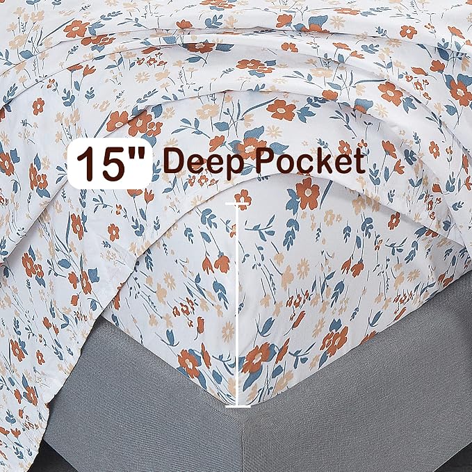 Softan Floral Twin Size Sheet Set, Orange Flower Printed Bed Sheets for Girls, 3-Piece Microfiber Single Fitted Sheet with 15" Deep Pocket & Non-Slip Straps, Patterned Bedding Sheets & Pillowcase Set