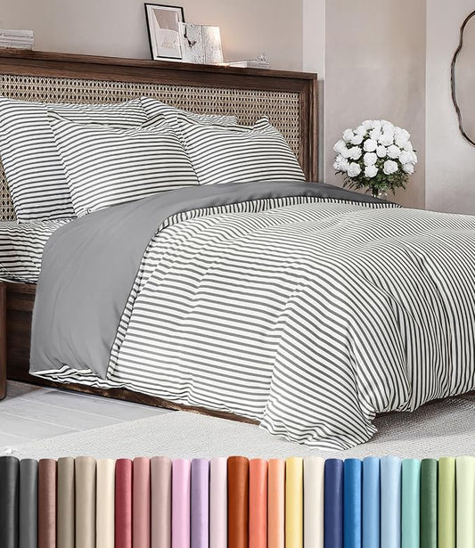 Duvet Cover Full Size - 3 Piece with Zipper Closure - Grey Stripes | Extra Soft, Breathable, Full Duvet Cover 80" x 90" with 2 Pillow Shams, Zipper Closures & Ties, Women, Men, Kids & Teens