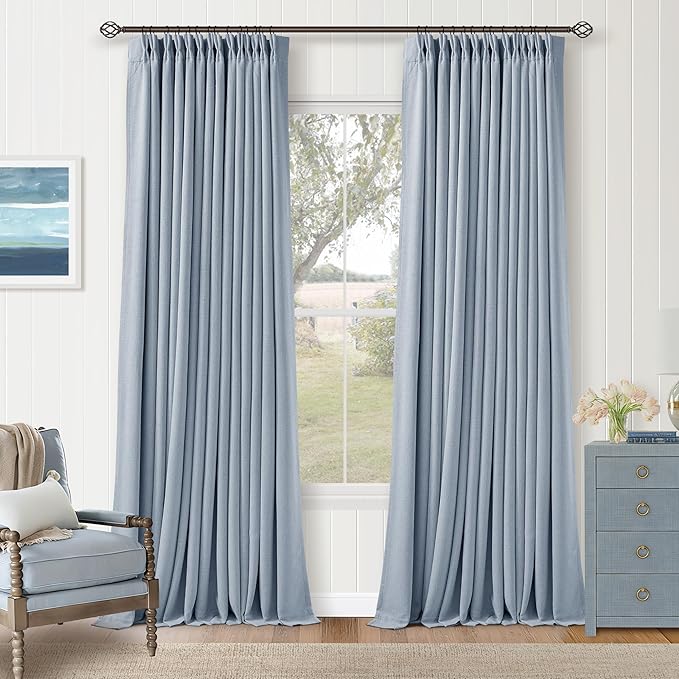 TWODRAPES 100 Inch Blackout Pinch Pleated Thick Linen Curtains 2 Panel Set | 100% Black Out Light Blocking, Pinch Pleat Curtain with Two Layer, for Living Room Kids Bedroom, Light Baby Blue, W40xL100