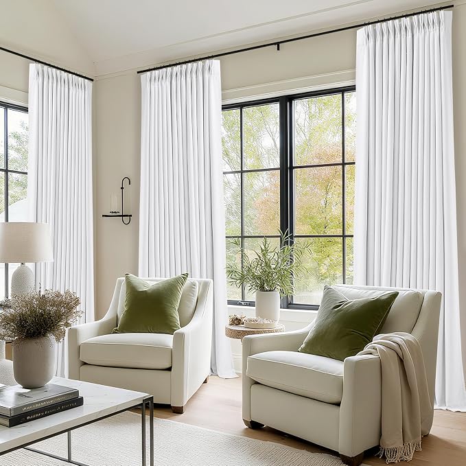 TWODRAPES Snow White Pleated Linen 100% Blackout Curtains 90 Inches Long | Pinch Pleat Back Tab, Linen Drapes with Liner, Black Out Thermal Insulated, Energy Saving Curtains for Living Room Bedroom