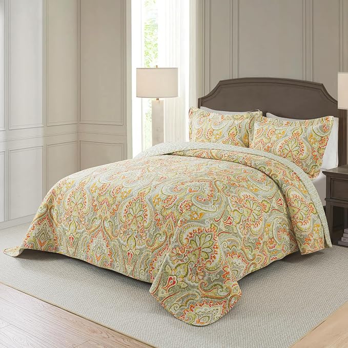 Cotton Bedspread Quilt Sets-Reversible Patchwork Coverlet Set, European Beige Floral Pattern, California King Size