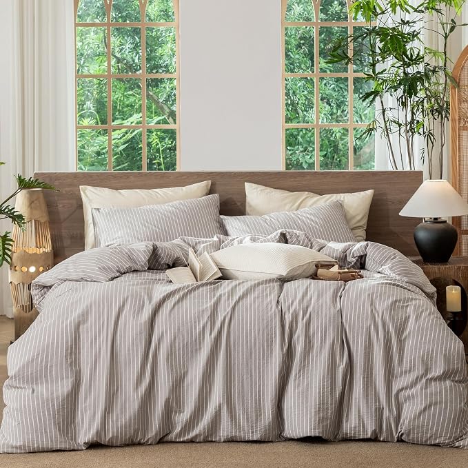 MooMee Striped Duvet Cover Set 100% Washed Cotton Linen Like Queen | Relaxed Linen-like Texture. Soft, Breathable & Long-lasting Comfort. Lightweight. Hidden Zipper with 8 Interior Corner Ties