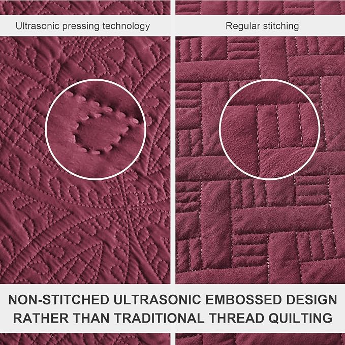 Love's cabin Oversized King Size Quilt Bedding Set Burgundy Bedspreads - Oversized King Lightweight Bedspread Comforter - Coin Pattern Coverlet for All Season - 3 Pieces (1 Quilt, 2 Pillow Shams)