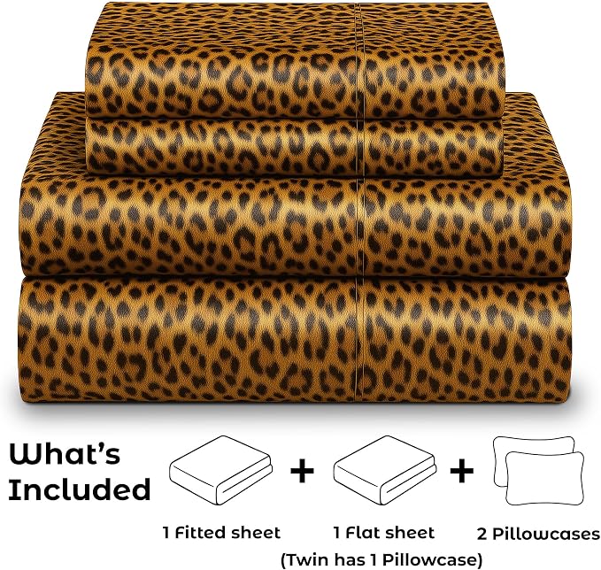 Satin Sheets Queen [4-Piece, Gold Leopard] Hotel Luxury Silky Bed Sheets - Extra Soft 1800 Microfiber Sheet Set, Wrinkle, Fade, Stain Resistant - Deep Pocket Fitted Sheet, Flat Sheet, Pillow Cases
