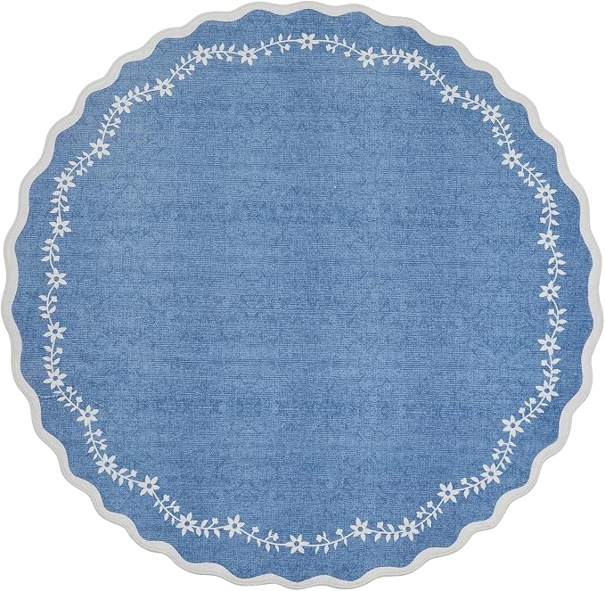 GarveeHome Round Area Rug 5ft Scalloped Washable Circle Rug for Bedroom | Soft Blue Non Slip Floral Print Floor Mat Carpet Indoor Thin Tent Rug for Kids Dining Room Playroom Nursery Entryway