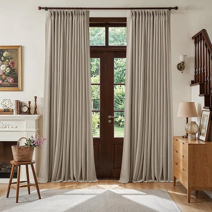 TWODRAPES Dark Flax 108 Inch Pinch Pleat 100% Blackout Drapes 2 Panels Set | Greige Greyish Beige, Room Darkening Curtains for Bedroom Living Room, Neutral Farmhouse, Thick Linen Double Layer, 40x108