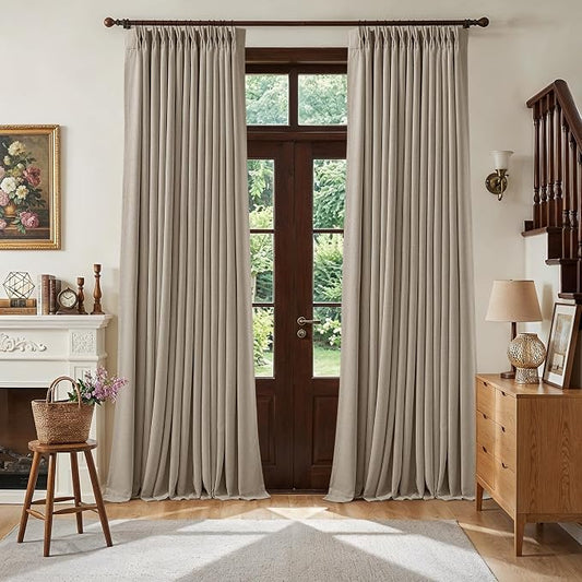 TWODRAPES Dark Flax 108 Inch Pinch Pleat 100% Blackout Drapes 2 Panels Set | Greige Greyish Beige, Room Darkening Curtains for Bedroom Living Room, Neutral Farmhouse, Thick Linen Double Layer, 40x108