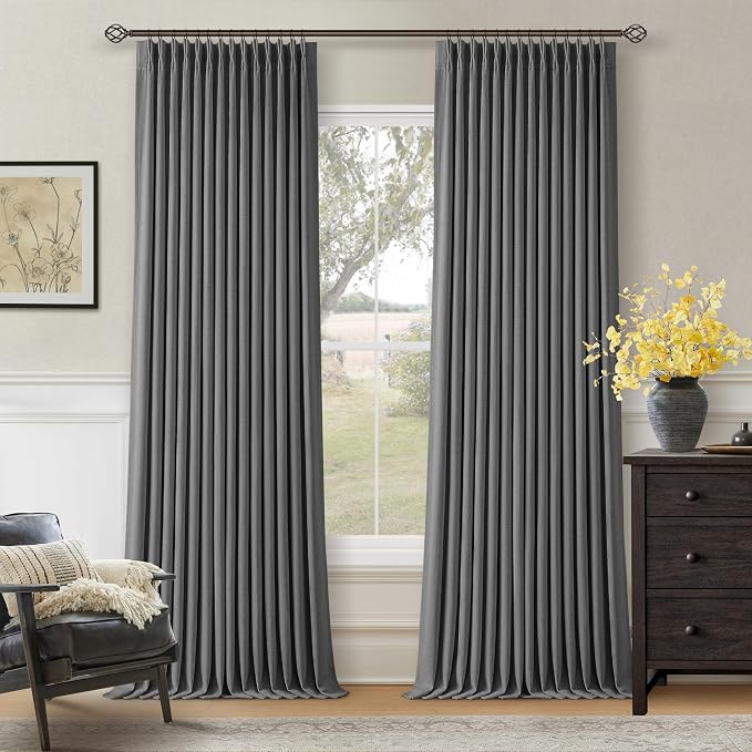 Dark Grey Pleated Thick Linen Blackout Curtains 108 Inches Long with Liner | 100% Black Out, Thermal Insulated, Pinch Pleat with Ring Hooks Back Tab, Room Darkening Drapes for Living Room, Charcoal Gray