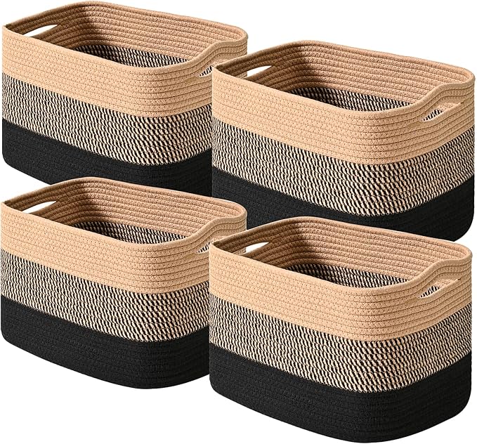 ICERZCZ Storage Baskets for Shelves Organizing, Woven Cotton Rope Baskets for Storage, Book Basket, Towel Basket, 12.5"Lx9.1''Wx7.9''H (4 Packs) Gradient Black & Jute