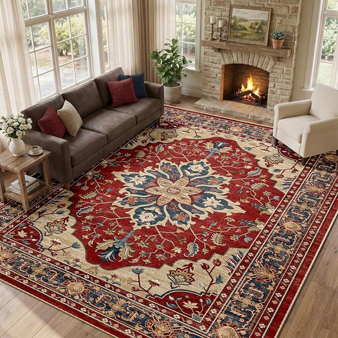 RELEANY Washable Area Rug, Large 9'x12', Red/Blue | Non-Slip, Water Repellent, Pet Friendly, Easy to Clean, Vintage Floral Boho Decor for Living Room Bedroom Dining Room