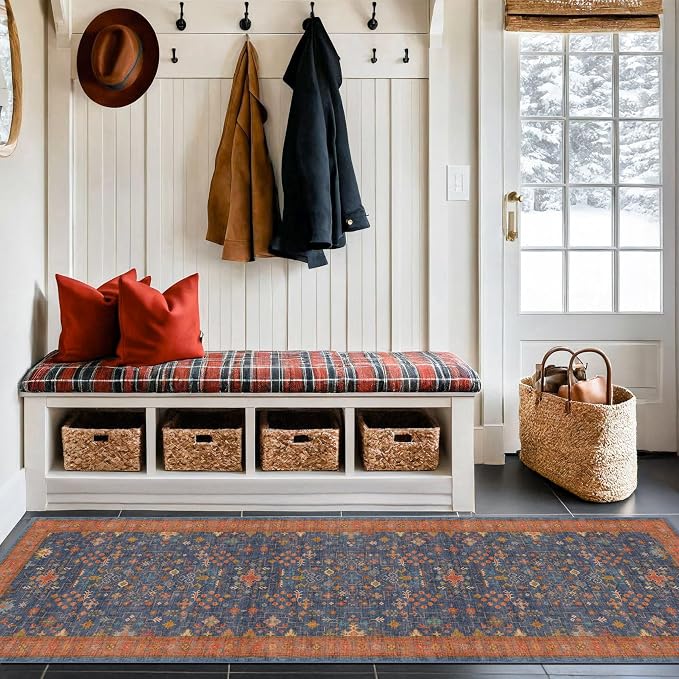 Navy Blue Runner Rug 2x6 for Kitchen, Hallway, Mudroom, Laundry Room, Bathroom, Washable Non Slip Non Skid Rubber Backing Low Pile Stain Resistance