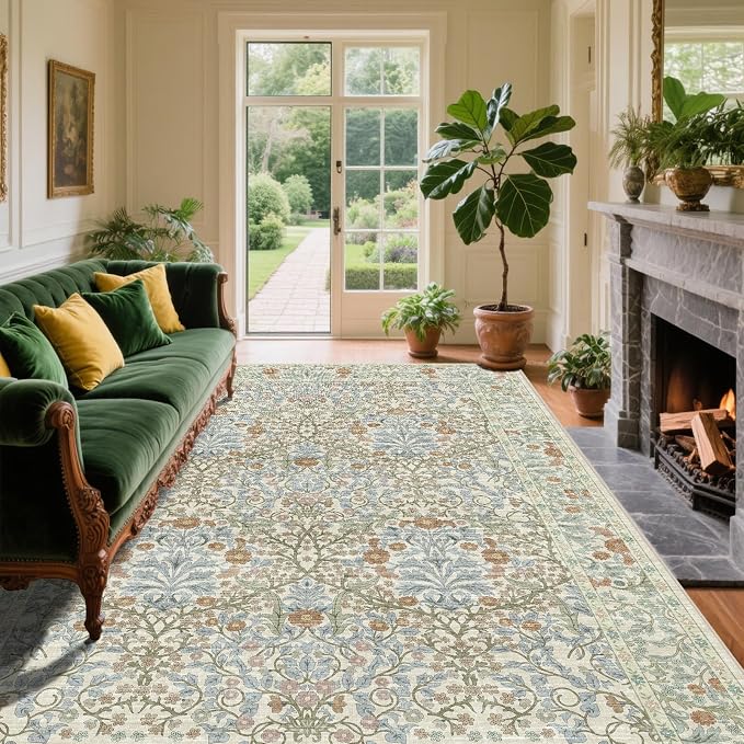 Vintage Beige Blue Living Room Rug, 6x9 Washable Area Rugs for Dining Room Under Table, Soft Low Pile Large Carpet Bedroom, Non-Slip Boho Floral (6 x 9 Beige Blue)