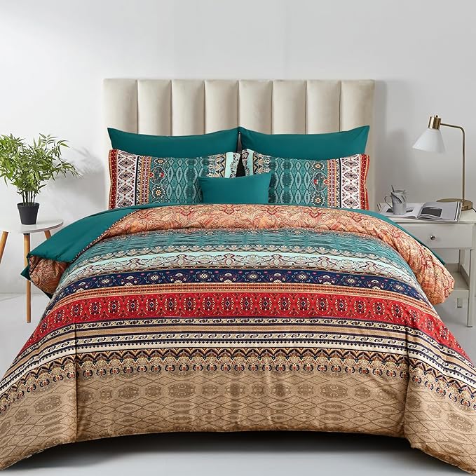 Cottolester Boho King Size Comforter Set 8 Pieces,Green and Brown Bohemian Striped Bed in a Bag,Floral Soft Microfiber Bedding Comforter Set