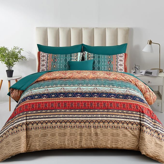 Cottolester Boho Queen Size Comforter Set 8 Pieces,Green and Brown Bohemian Striped Bed in a Bag,Floral Soft Microfiber Bedding Comforter Set