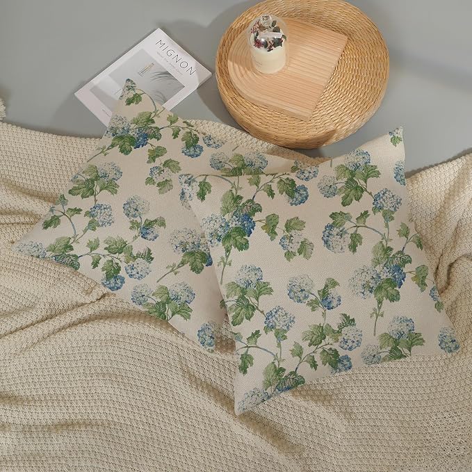 Blue Green Floral Pillow Covers 16x16 Inch 2 Pcs Vintage Flower Decor Throw Pillows Hydrangea Seasonal Spring Summer Outdoor Farmhouse Decoration Pillowcase Linen Cushion Cover for Couch Sofa Bed