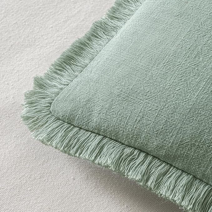 MIULEE Boho Linen Fringe Decorative Throw Pillow Covers Aqua Green 20x20 | Set of 2, Cottagecore Decor, Boho Farmhouse Neutral Pillow Covers, Rustic Couch Cushion Cases for Sofa Bed Living Room