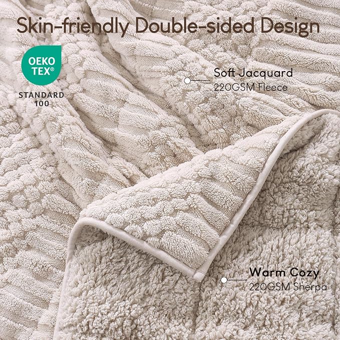 Cottonblue Weighted Blanket 15 lbs for Adults Queen Size Soft Sherpa Fleece | Fuzzy Jacquard Heavy Blankets Throw 60"x80" for Sleep Calm Relax, Cozy Warm Knitted Heavy Blanket for Bed Sofa,Grey & Beige