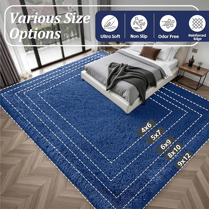 9x12 Area Rug Living Room Bedroom: Fluffy Plush Shag Carpet Blue | For Kids Room Playroom Nursery Home Decor,Ultra Soft,Non-Slip Non-Shedding,Fuzzy Plush,Large Indoor Floor Carpet,Easy Clean