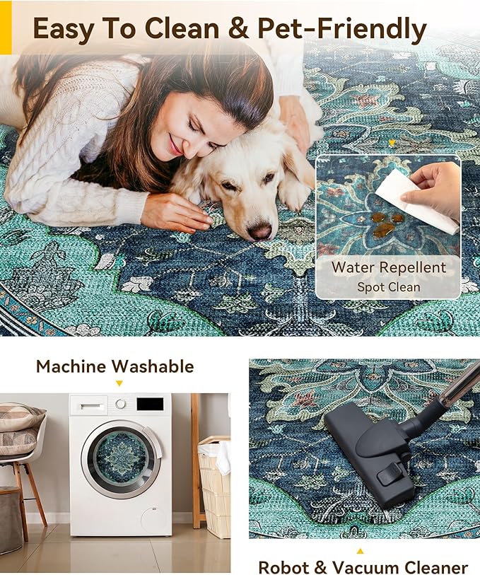 RELEANY Washable Area Rug, Round 6ft, Teal | Non-Slip, Water Repellent, Pet Friendly, Easy to Clean, Vintage Floral Boho Decor for Living Room Bedroom Dining Room