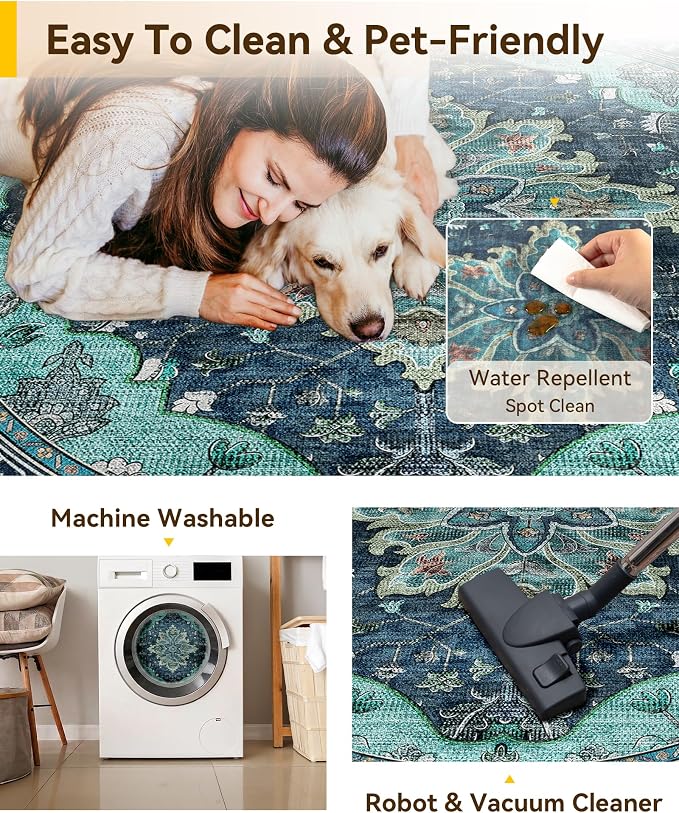 RELEANY Washable Area Rug, Round 10ft, Teal | Non-Slip, Water Repellent, Pet Friendly, Easy to Clean, Vintage Floral Boho Decor for Living Room Bedroom Dining Room