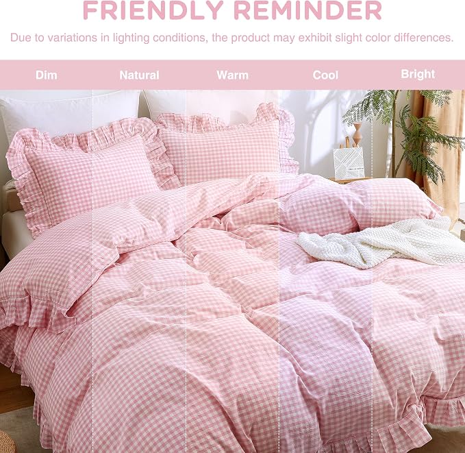 ATsense Pink Gingham Ruffle Duvet Cover Set Cotton Like Linen, King | 100% Washed Cotton Linen-Like Feel Soft, Breathable & Comfy. Cute Bedding Set with Zipper & 8 Ties. 3 Pcs, No Insert