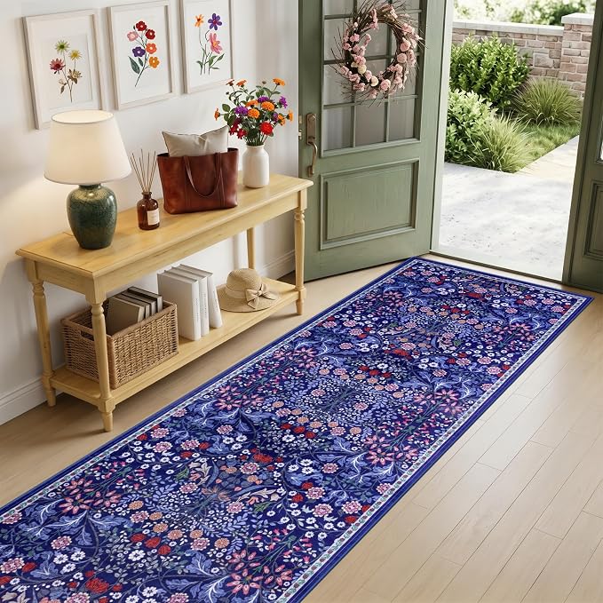 PLHXFR 3x10 Washable Runner Rug：Floral Indoor Kitchen Soft Carpet Blue | For Hallway Bedroom Kitchen Laundry Bathroom Dorm,Vintage Floral,Machine washable,Non Slip,Stain Resistant,Indoor Floor