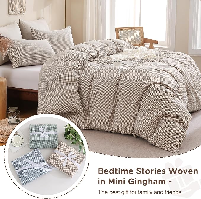 TOCOMOA Mini Gingham Tan Duvet Cover Set Washed Cotton Like Linen, Full | 100% Washed Cotton Linen-Like Feel Soft, Breathable & Comfy. Lightweight Bedding Set with Zipper & 8 Ties. 3 Pcs, No Insert