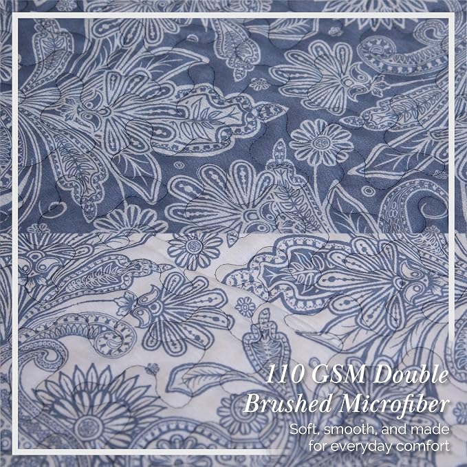 Southshore Fine Living, Inc. Paisley Quilt Queen Size Bedding Set, Full Size Quilted Coverlet, Boho Bedspreads Queen Size Set with Two Matching Pillow Shams, Full/Queen, Reversible Blue