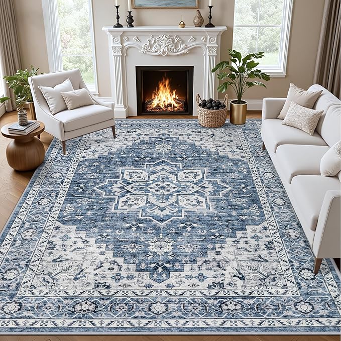 9x12 Area Rugs Living Room: Washable Vintage Rug for Bedroom Blue | Vintage No Slip Stain Resistant Rug Soft Indoor Decor Floor Floral Area Rugs for Dining Room, Nursery, Hallway, Home Office