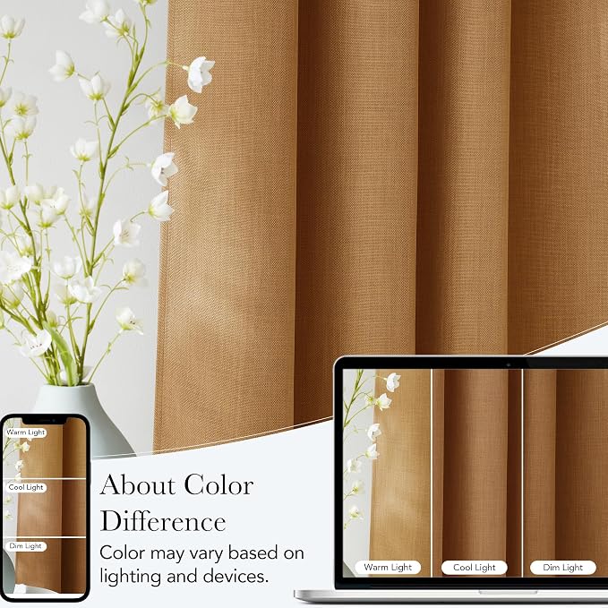 NICETOWN Gold Brown Faux Linen Room Darkening Rod Pocket Curtains 63 inch Length, W42 x L63, Light Blocking Thermal Insulated Noise Reducing Drapes for Bedroom Living Room Farmhouse Decor, 2 Panels