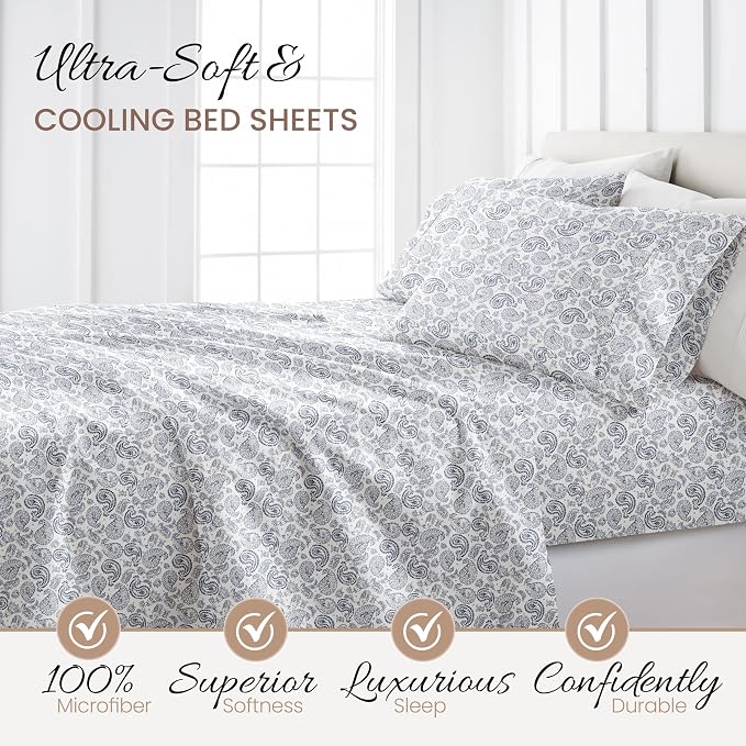 Linen Market Double-Brushed Patterned Microfiber Twin Sheet Set 3 Piece – Oeko-TEX Certified Ultra Soft & Wrinkle-Free - 16" Deep Pocket Sheets - Easy Care Twin Size - Coarse Paisley Navy