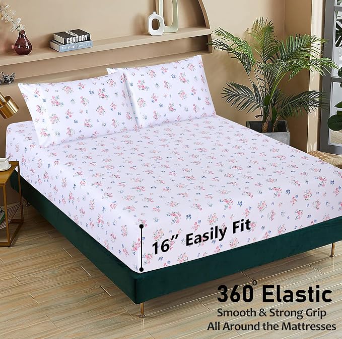 RUVANTI 100% Cotton Percale Sheets Split King Size, Funa Flora | Crisp Cooling, Deep Pocket 16", Soft Breathable & Durable, Hotel-Style, 5 Piece Set