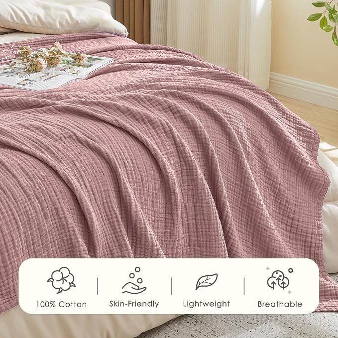EMME Muslin Blankets for Adults Throw Blanket for Couch Breathable Gauze Soft Lightweight Airy Dusty Pink Super King 120" x 94"