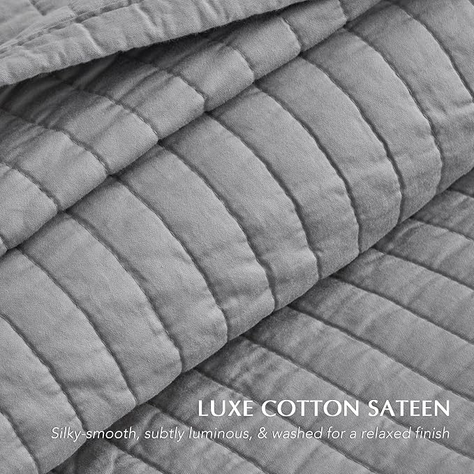 EVERGRACEHOME Cotton Sateen Quilt Set, Queen Size, Fog Gray | 100% Cotton, Channel Stitch Coverlet Bedspread, Pre-Washed Lightweight Soft Bedding Set for All Season, 3 Piece, with 2 Shams