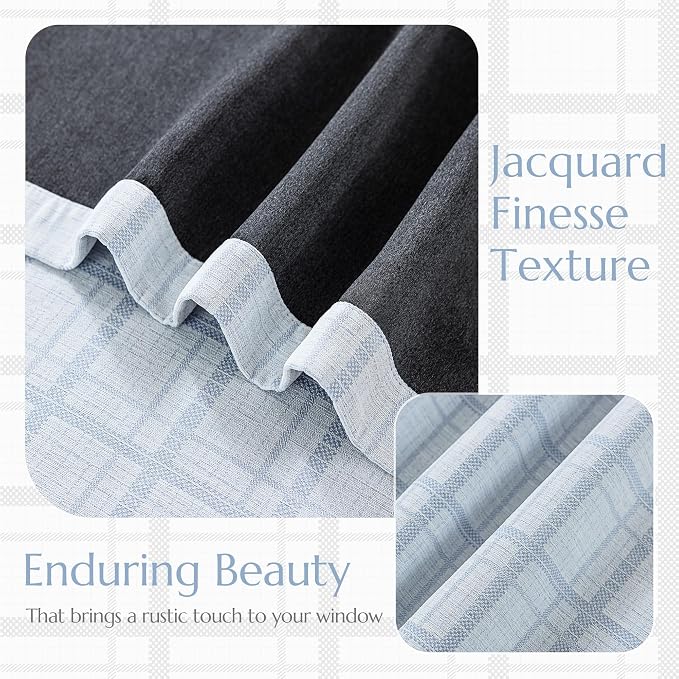 Beauoop Blue Plaid Jacquard Blackout Curtains for Bedroom 52x96 2 Panels | Gingham Checkered Room Darkening Drapes for Living Room 96 Inch Long Thermal Insulated Soundproof Window treatment Grommet