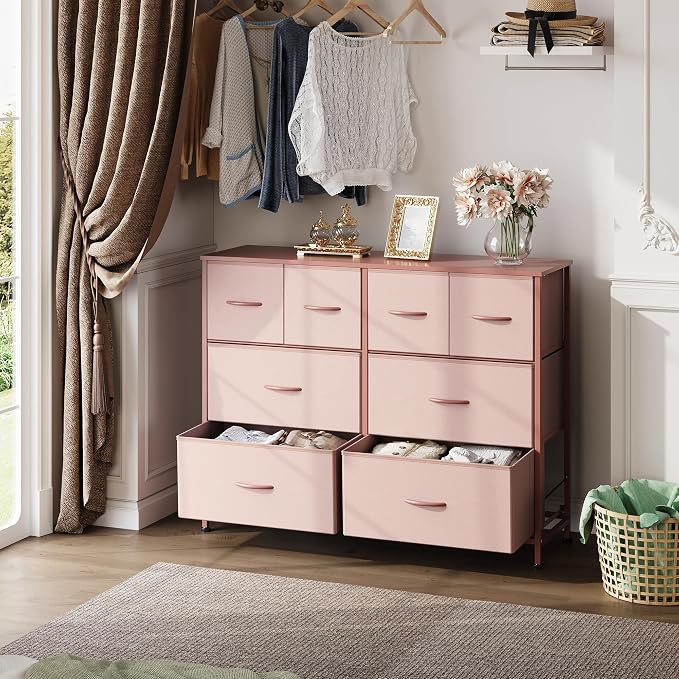 WLIVE Wide Dresser for Bedroom, 8 Drawer Chest of Drawers, Pink | 8 roomy fabric drawers, Wide storage design, Bedroom or closet use, Sturdy steel frame, Smooth wood tabletop