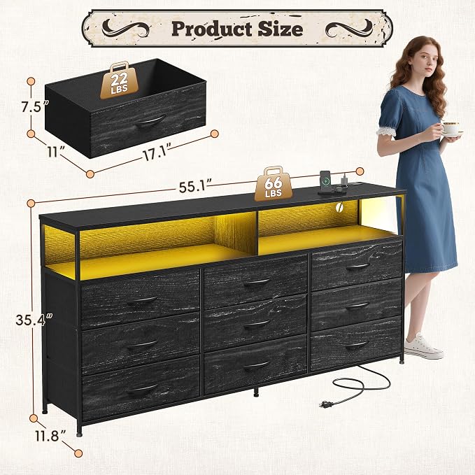 55" W Dresser for Bedroom with 9 Drawers LED, Power Outlets Fits 65" TV | TV Stand for 45, 55, 65 Inch TV Sturdy Long Chest of Drawers with Extra 2 Wooden Shelves Steel Frame Grain Black