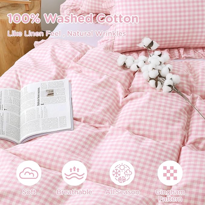 ATsense Pink Gingham Ruffle Duvet Cover Set Cotton Like Linen, King | 100% Washed Cotton Linen-Like Feel Soft, Breathable & Comfy. Cute Bedding Set with Zipper & 8 Ties. 3 Pcs, No Insert