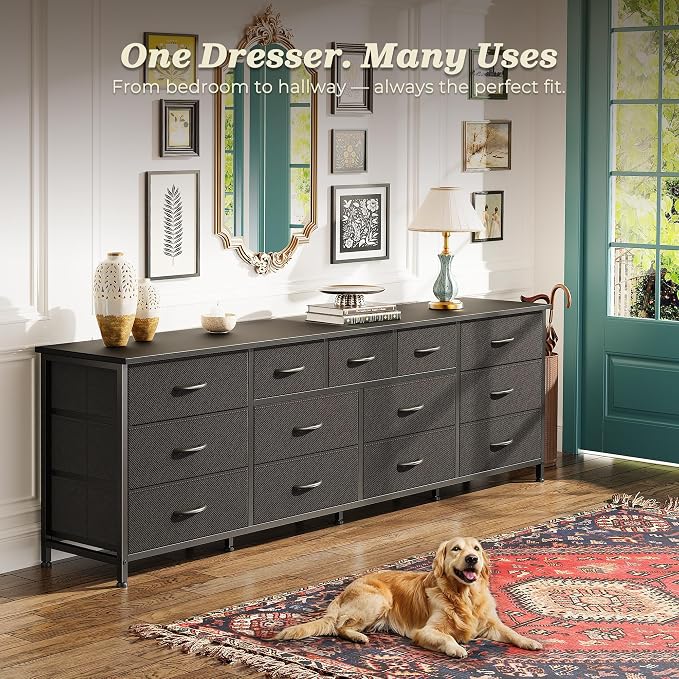 Huuger 70 Inch Long Dresser for Bedroom, TV Stand for 65, 75, 80 Inch TV | 13 Large Fabric Drawer, Large Entertainment Center for Bedroom, Wide Chest of Drawer with Storage, Black
