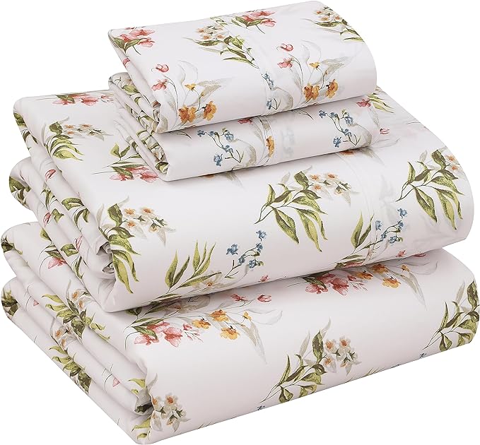 RUVANTI 100% Cotton Percale Sheets Full Size, Floral Bliss | Crisp Cooling, Deep Pocket 16", Soft Breathable & Durable, Hotel-Style, 4 Piece Set