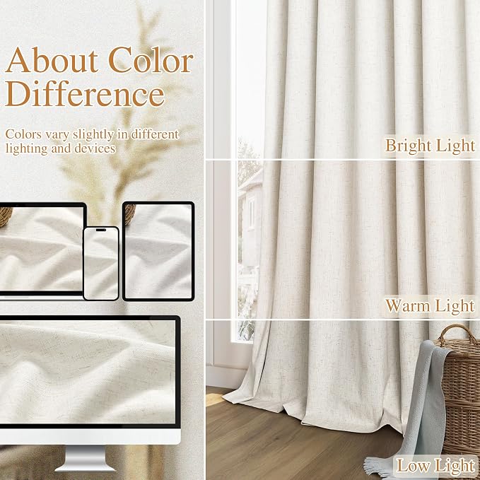 Extra Long 100% Blackout Linen Curtains for Bedroom 116 Inches Long Natural Cream Black Out Curtain Back Tab Thermal Insulated Room Darkening Window Drapes for Living Room 2 Panels Beige Ivory 52x116