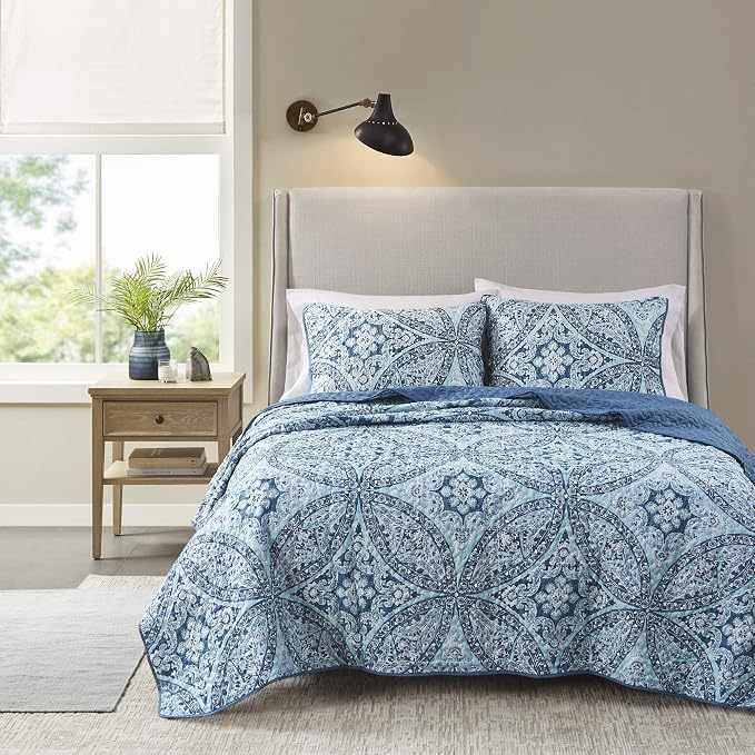 Comfort Spaces Gloria Boho Full Queen Quilt Set 3 Piece for Summer Aqua | Reversible Coverlet Bedspread, Soft All Season, Medallion Pattern, Winter Layer with Shams Modern Lightweight, Cozy Comfort